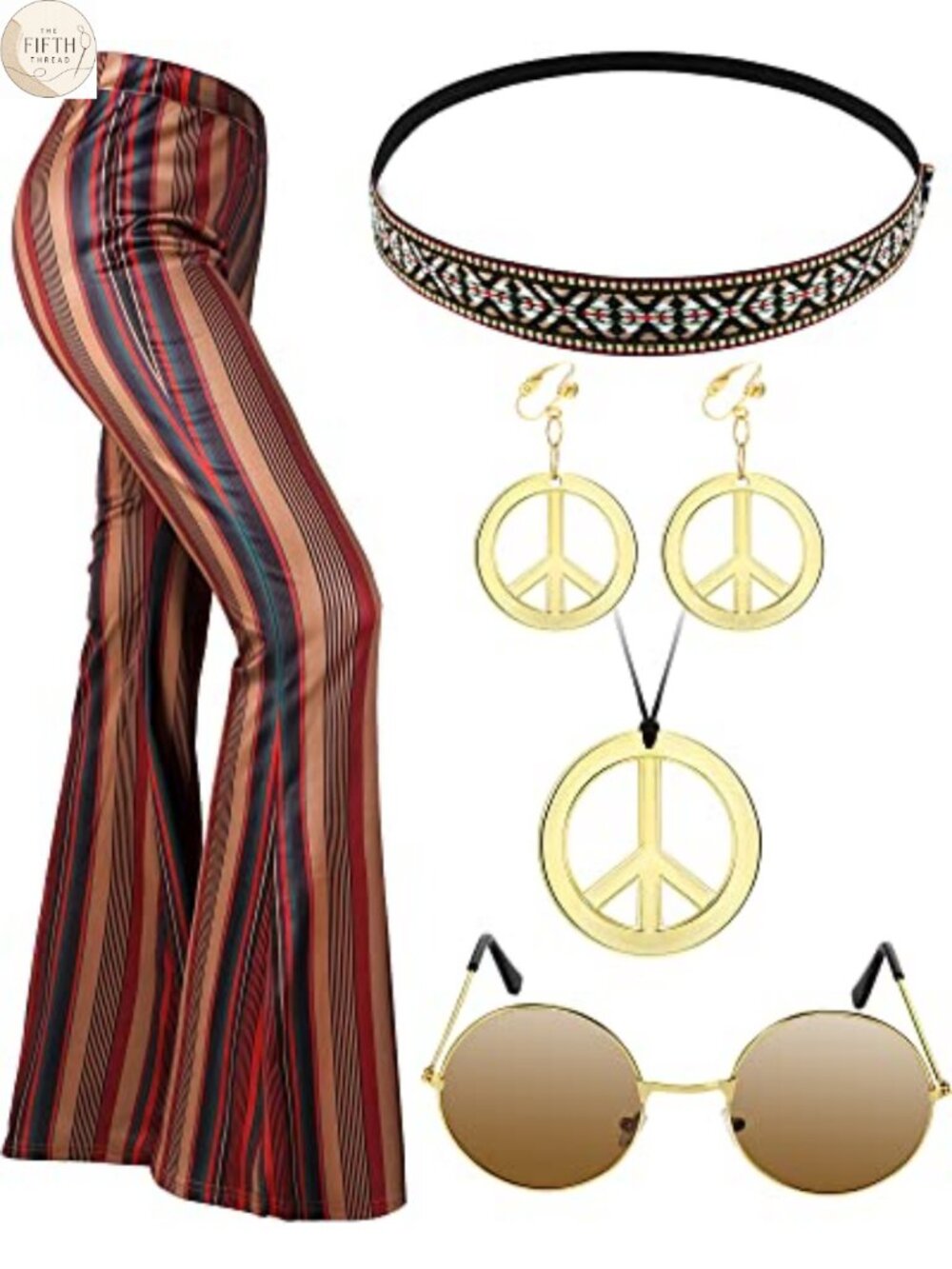 5 Pc 60s 70s Hippie Costume Set Flared Pants Peace Necklace Halloween Party